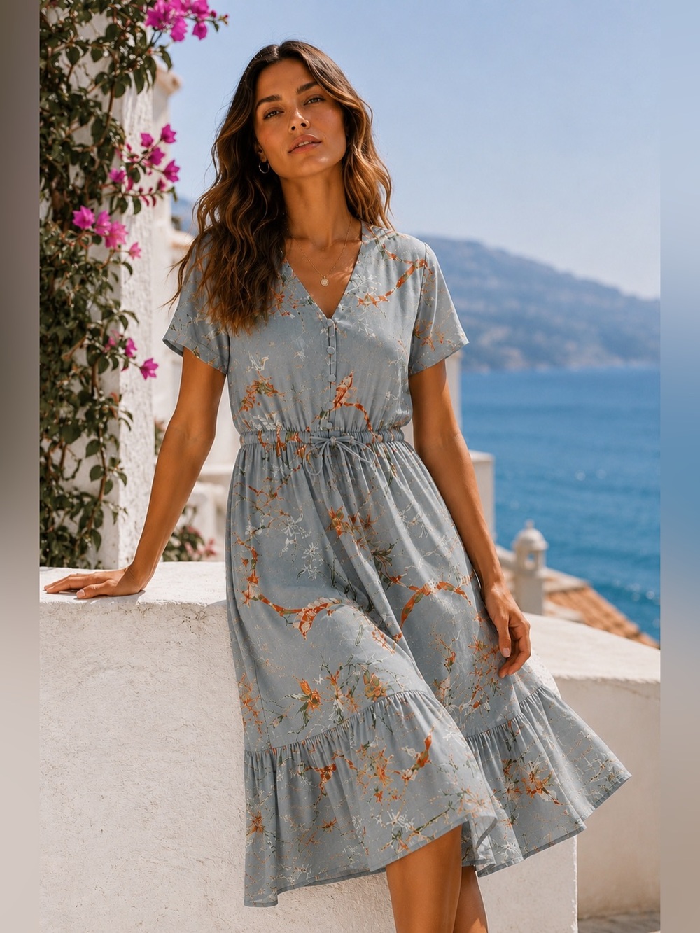 ANKO Floral Botanical V-Neck Button Front Tie Waist Midi Dress Blue Grey Size 2
